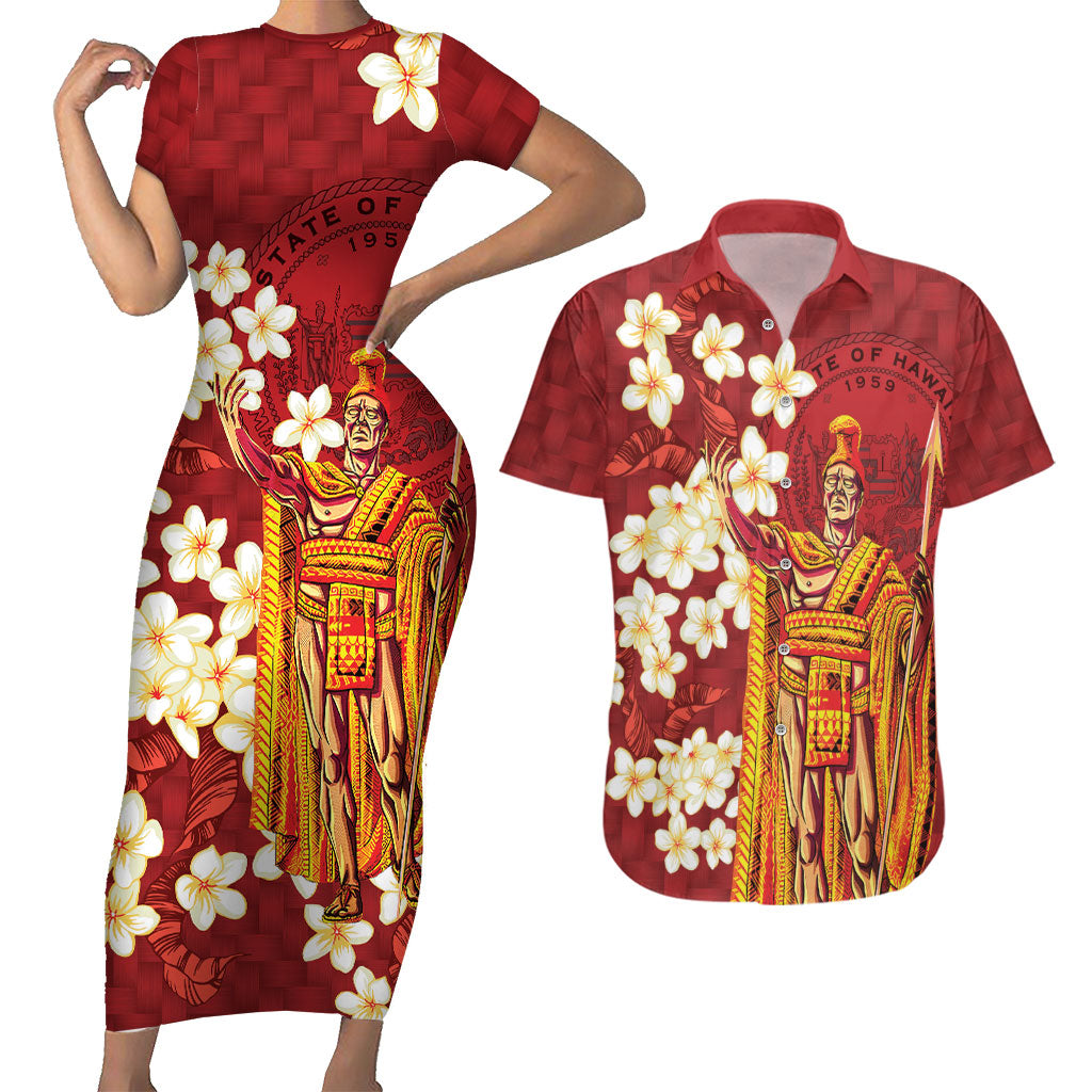 Hawaii King Kamehameha Couples Matching Short Sleeve Bodycon Dress and Hawaiian Shirt Plumeria Lauhala Pattern LT01 Red - Polynesian Pride