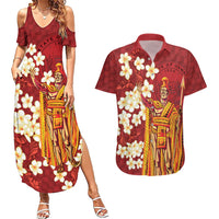 Hawaii King Kamehameha Couples Matching Summer Maxi Dress and Hawaiian Shirt Plumeria Lauhala Pattern LT01 Red - Polynesian Pride