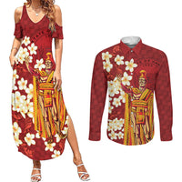 Hawaii King Kamehameha Couples Matching Summer Maxi Dress and Long Sleeve Button Shirt Plumeria Lauhala Pattern