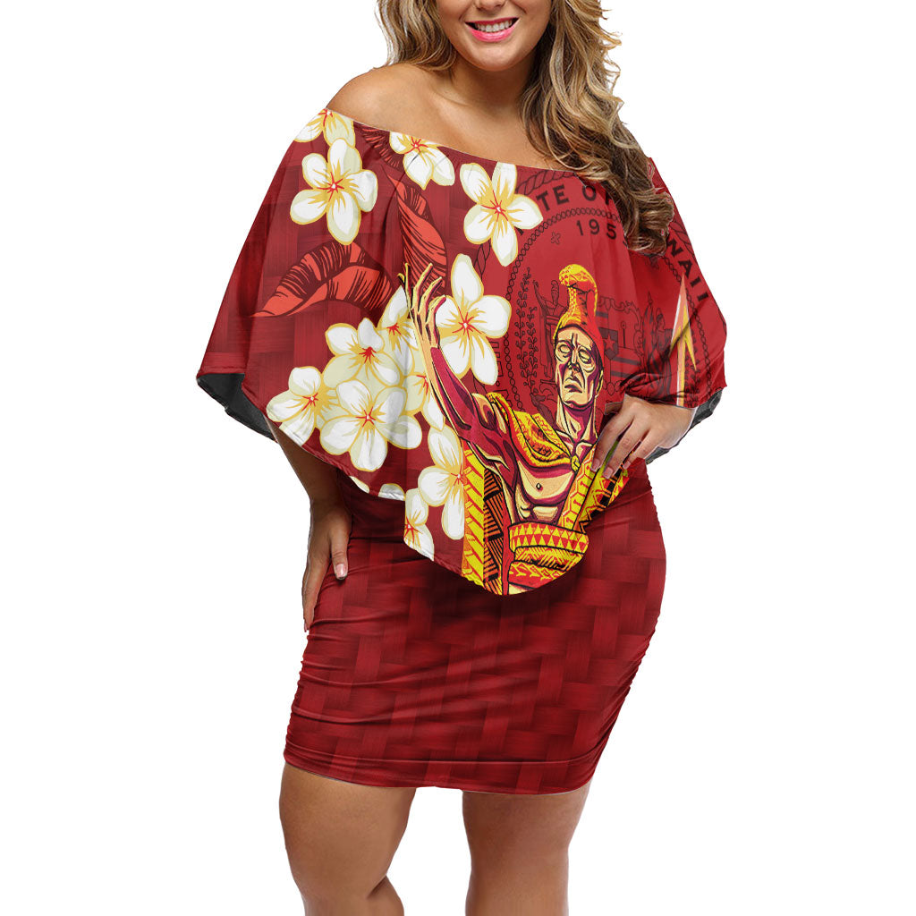 Hawaii King Kamehameha Family Matching Off Shoulder Short Dress and Hawaiian Shirt Plumeria Lauhala Pattern LT01 Mom's Dress Red - Polynesian Pride