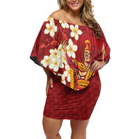Hawaii King Kamehameha Family Matching Off Shoulder Short Dress and Hawaiian Shirt Plumeria Lauhala Pattern LT01 Mom's Dress Red - Polynesian Pride