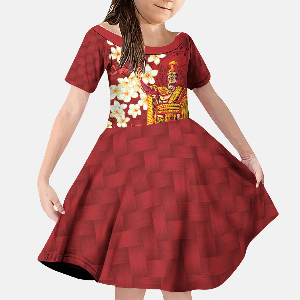 Hawaii King Kamehameha Family Matching Short Sleeve Bodycon Dress and Hawaiian Shirt Plumeria Lauhala Pattern LT01 Daughter's Dress Red - Polynesian Pride