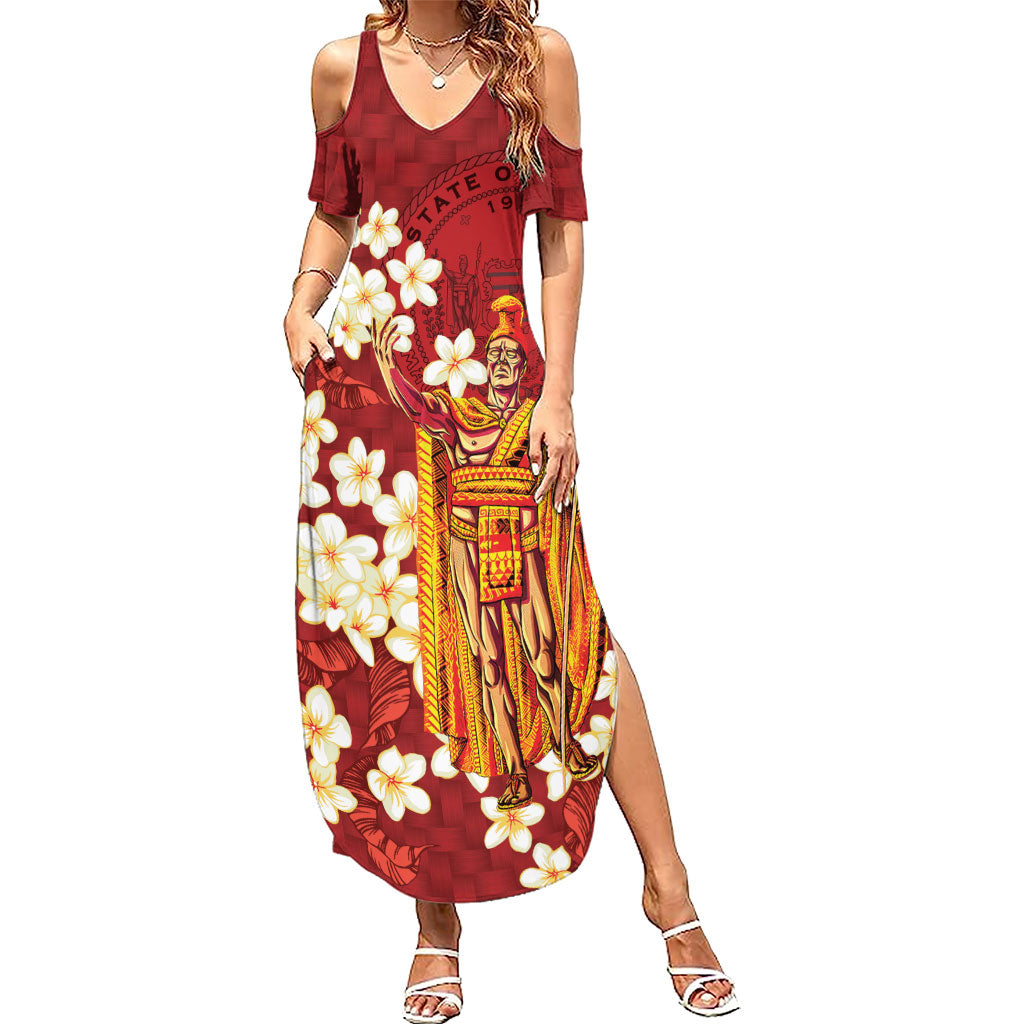 Hawaii King Kamehameha Family Matching Summer Maxi Dress and Hawaiian Shirt Plumeria Lauhala Pattern LT01 Mom's Dress Red - Polynesian Pride