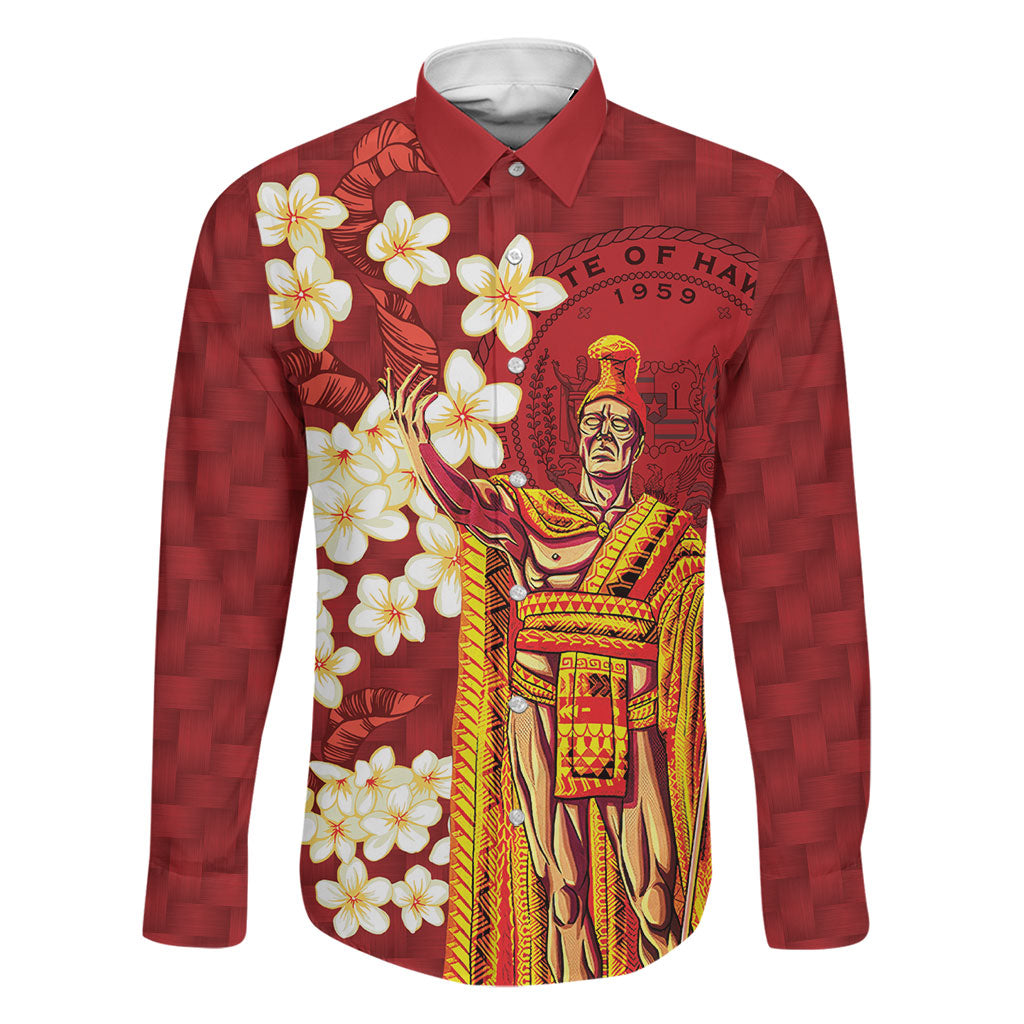 Hawaii King Kamehameha Family Matching Tank Maxi Dress and Hawaiian Shirt Plumeria Lauhala Pattern LT01 Dad's Shirt - Long Sleeve Red - Polynesian Pride