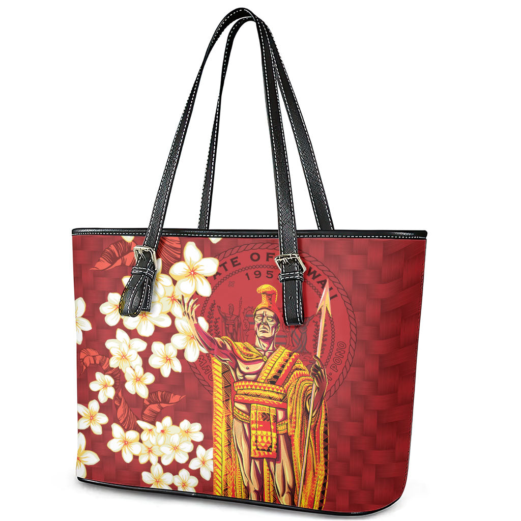Hawaii King Kamehameha Leather Tote Bag Plumeria Lauhala Pattern