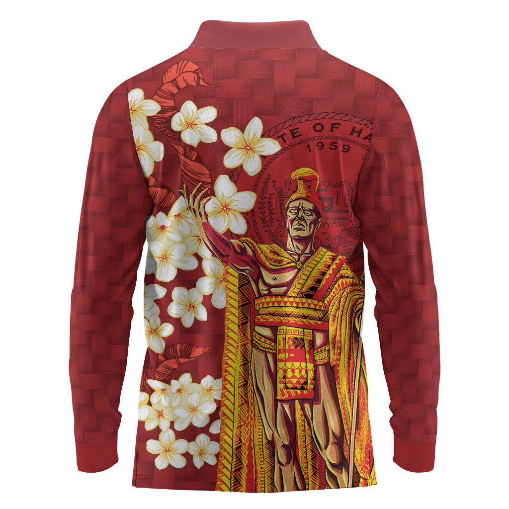 Hawaii King Kamehameha Long Sleeve Polo Shirt Plumeria Lauhala Pattern