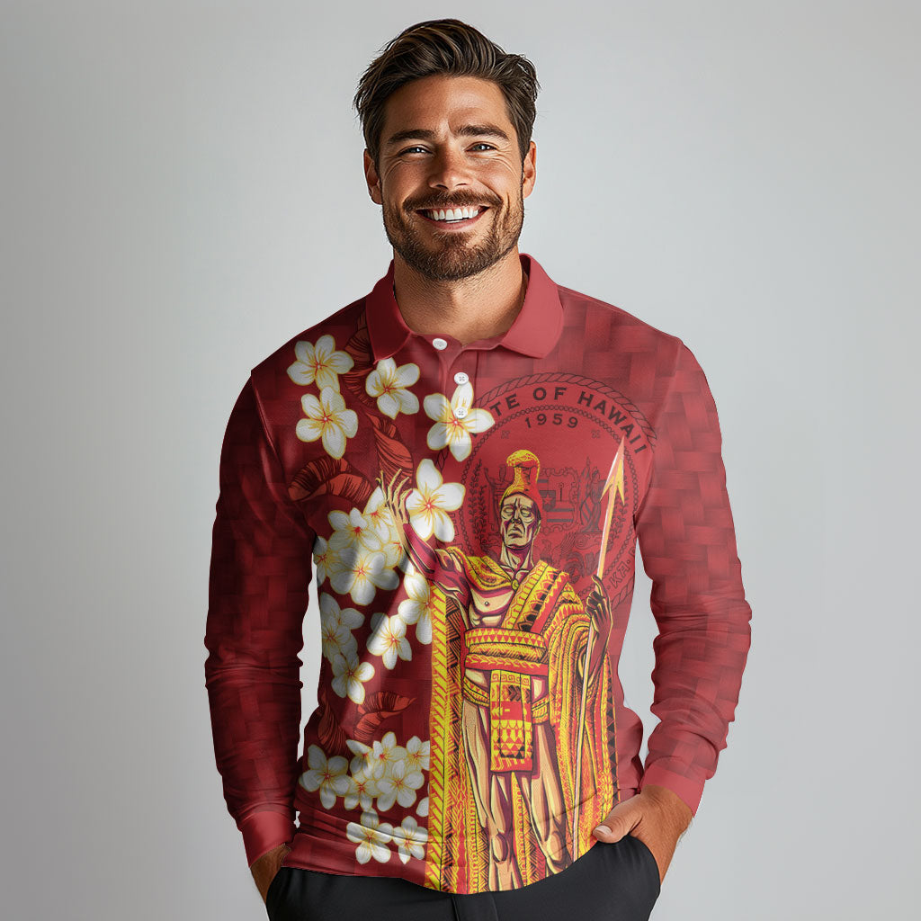 Hawaii King Kamehameha Long Sleeve Polo Shirt Plumeria Lauhala Pattern