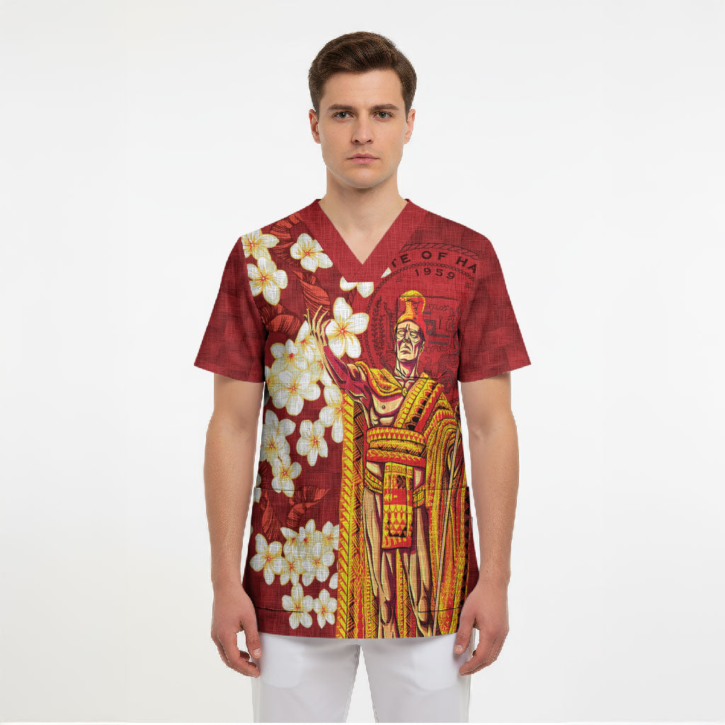 Hawaii King Kamehameha Scrub Top Plumeria Lauhala Pattern