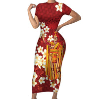 Hawaii King Kamehameha Short Sleeve Bodycon Dress Plumeria Lauhala Pattern LT01 Long Dress Red - Polynesian Pride