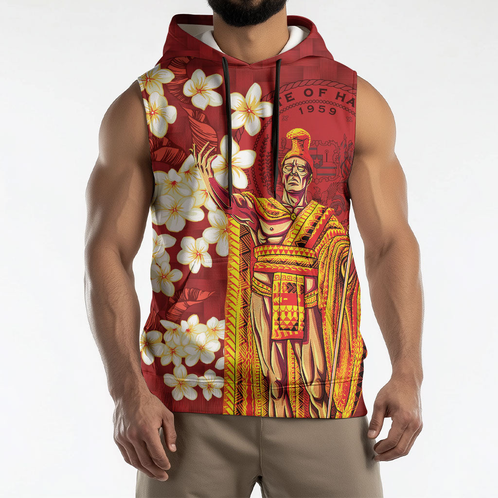 Hawaii King Kamehameha Sleeveless Hoodie Plumeria Lauhala Pattern