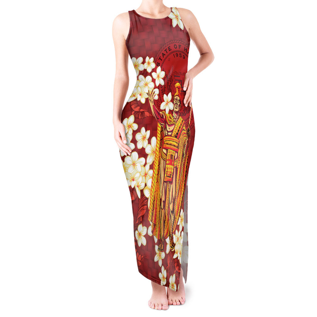 Hawaii King Kamehameha Tank Maxi Dress Plumeria Lauhala Pattern