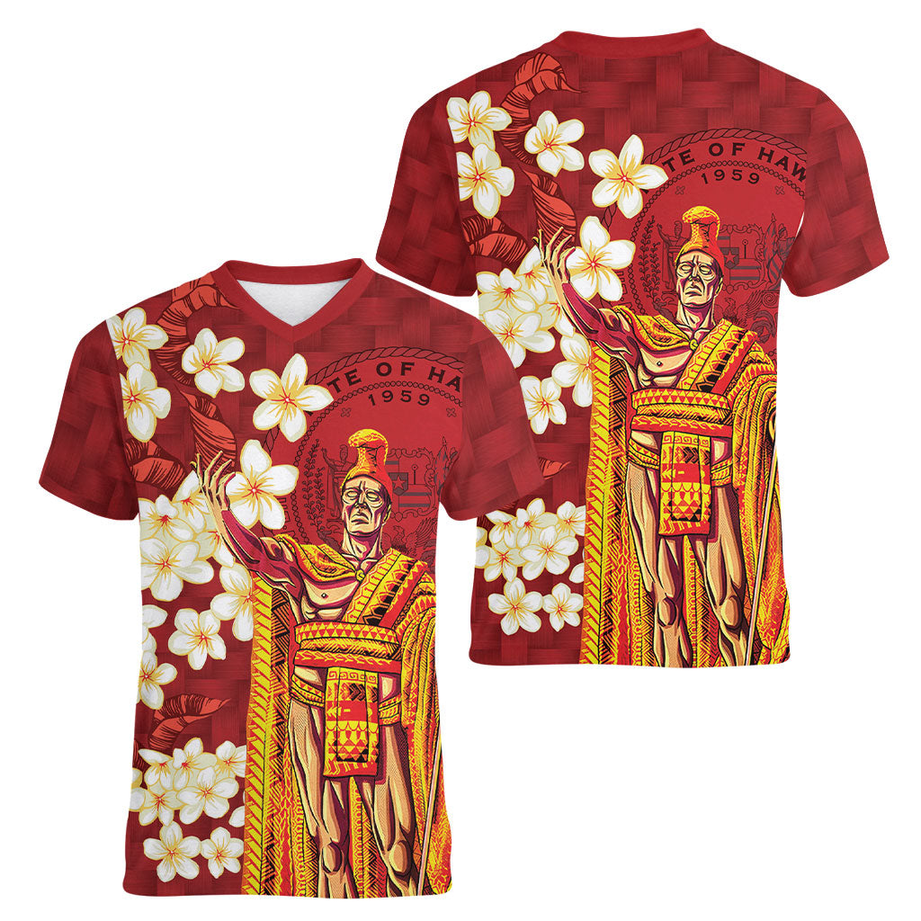 Hawaii King Kamehameha Women V-Neck T-Shirt Plumeria Lauhala Pattern