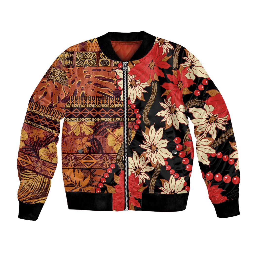 Hawaii Christmas Poinsettia Lei Bomber Jacket Tapa Pattern LT01 Unisex Brown - Polynesian Pride
