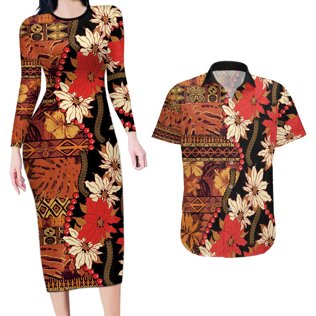 Hawaii Christmas Poinsettia Lei Couples Matching Long Sleeve Bodycon Dress and Hawaiian Shirt Tapa Pattern LT01 Brown - Polynesian Pride