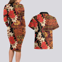 Hawaii Christmas Poinsettia Lei Couples Matching Long Sleeve Bodycon Dress and Hawaiian Shirt Tapa Pattern LT01 - Polynesian Pride