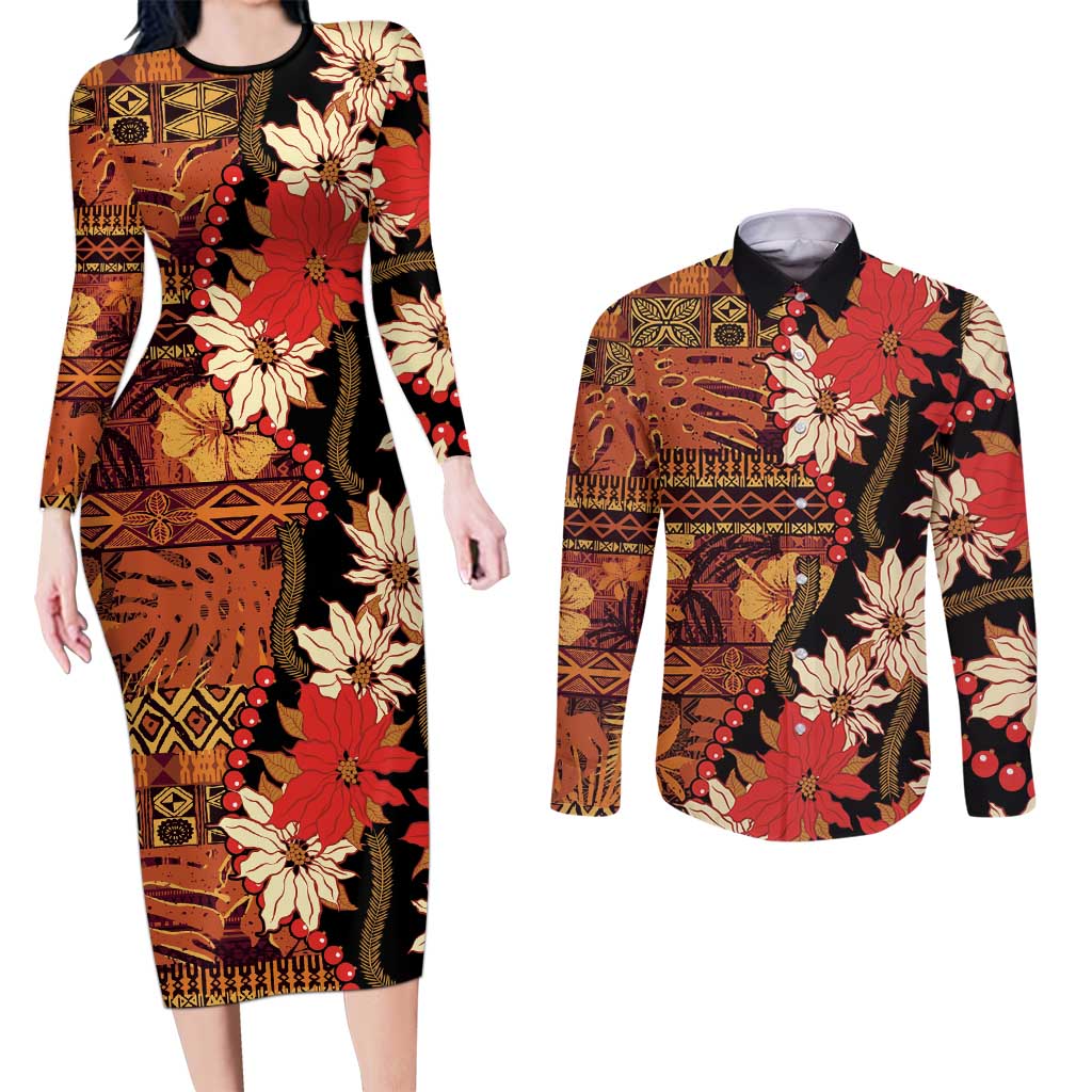 Hawaii Christmas Poinsettia Lei Couples Matching Long Sleeve Bodycon Dress and Long Sleeve Button Shirt Tapa Pattern LT01 Brown - Polynesian Pride