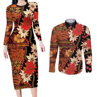 Hawaii Christmas Poinsettia Lei Couples Matching Long Sleeve Bodycon Dress and Long Sleeve Button Shirt Tapa Pattern LT01 Brown - Polynesian Pride