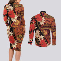 Hawaii Christmas Poinsettia Lei Couples Matching Long Sleeve Bodycon Dress and Long Sleeve Button Shirt Tapa Pattern LT01 - Polynesian Pride