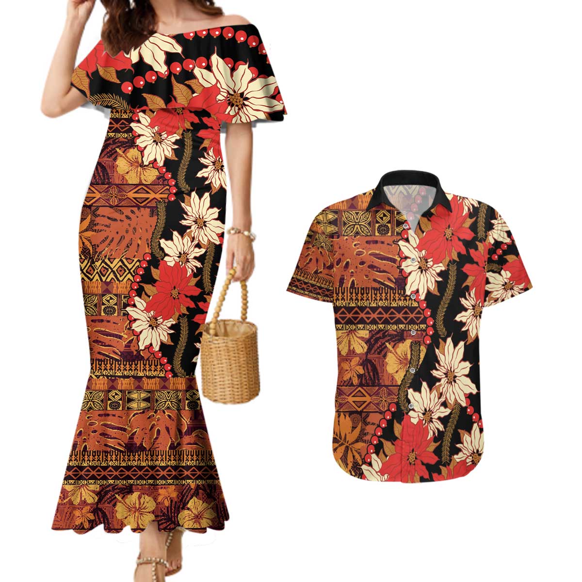 Hawaii Christmas Poinsettia Lei Couples Matching Mermaid Dress and Hawaiian Shirt Tapa Pattern LT01 Brown - Polynesian Pride