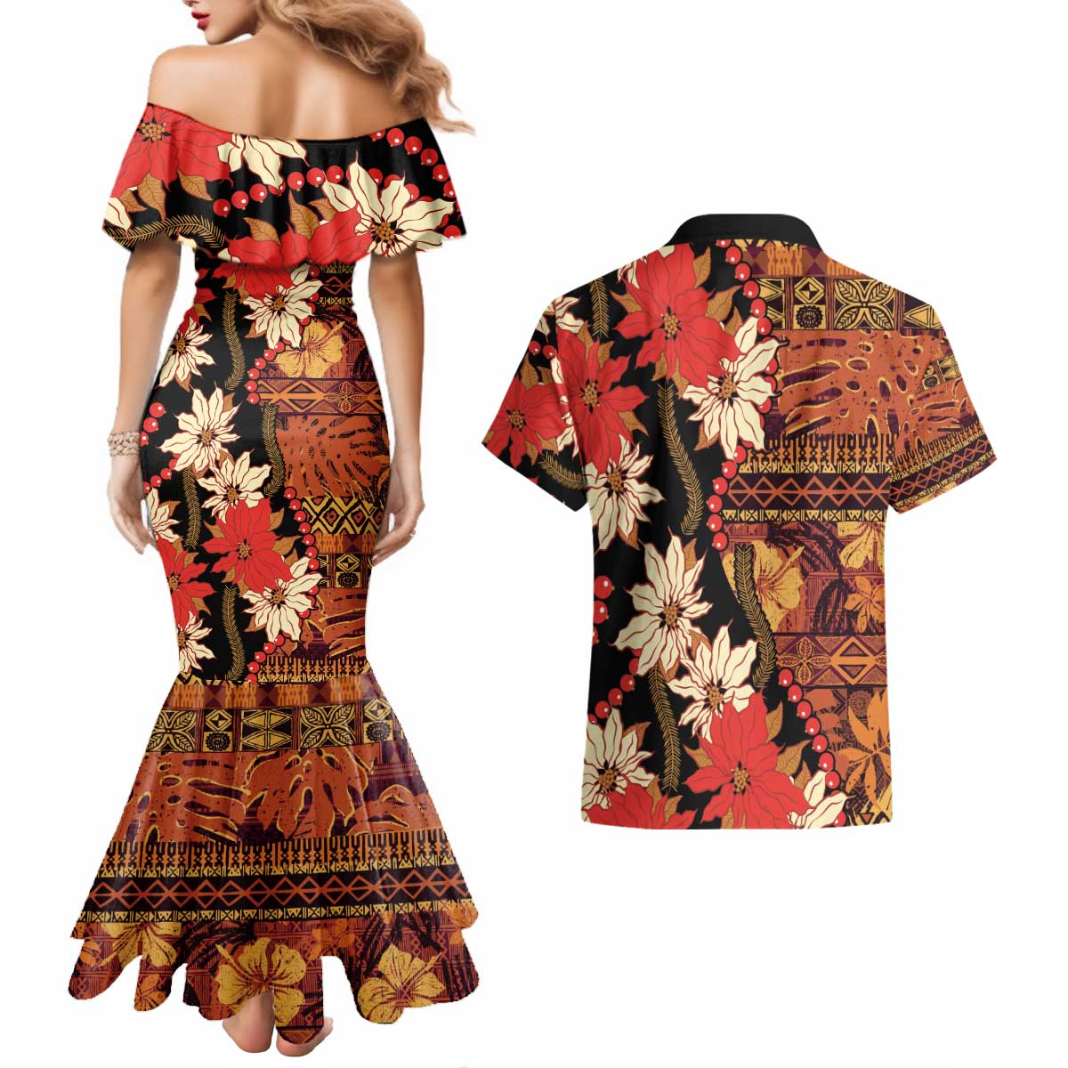 Hawaii Christmas Poinsettia Lei Couples Matching Mermaid Dress and Hawaiian Shirt Tapa Pattern LT01 - Polynesian Pride
