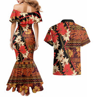 Hawaii Christmas Poinsettia Lei Couples Matching Mermaid Dress and Hawaiian Shirt Tapa Pattern LT01 - Polynesian Pride