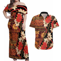 Hawaii Christmas Poinsettia Lei Couples Matching Off Shoulder Maxi Dress and Hawaiian Shirt Tapa Pattern LT01 Brown - Polynesian Pride
