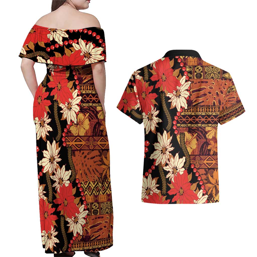 Hawaii Christmas Poinsettia Lei Couples Matching Off Shoulder Maxi Dress and Hawaiian Shirt Tapa Pattern LT01 - Polynesian Pride