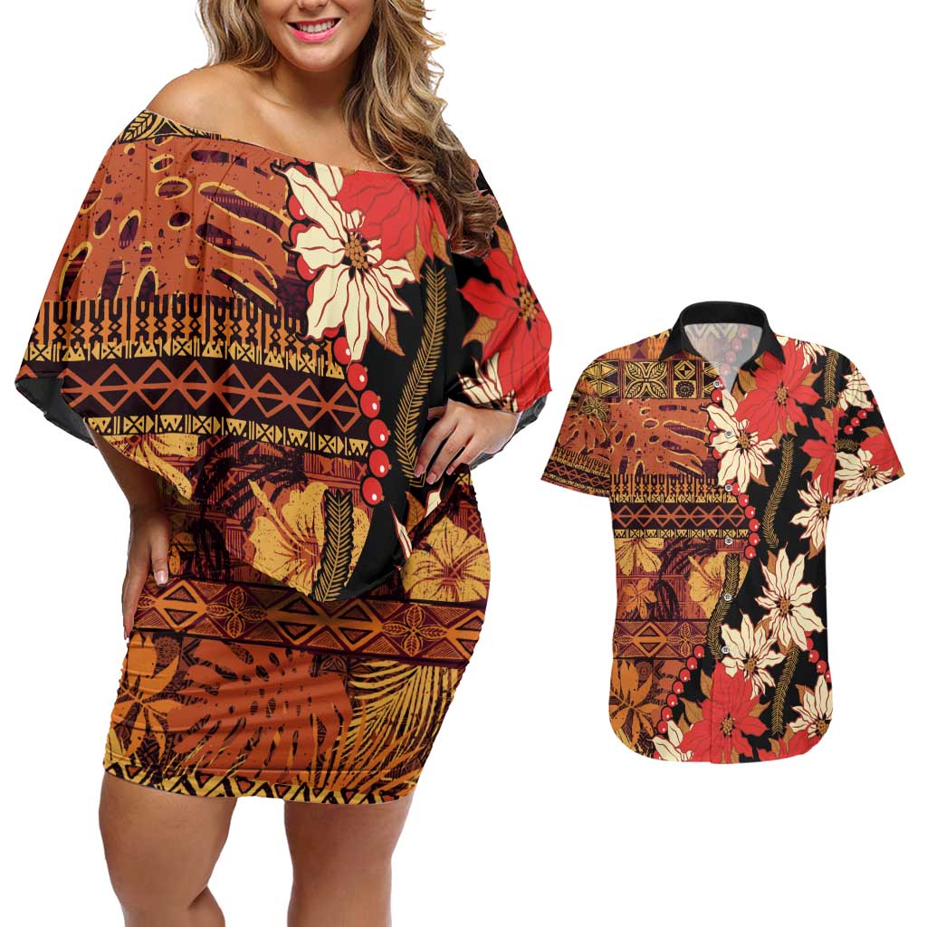 Hawaii Christmas Poinsettia Lei Couples Matching Off Shoulder Short Dress and Hawaiian Shirt Tapa Pattern LT01 Brown - Polynesian Pride