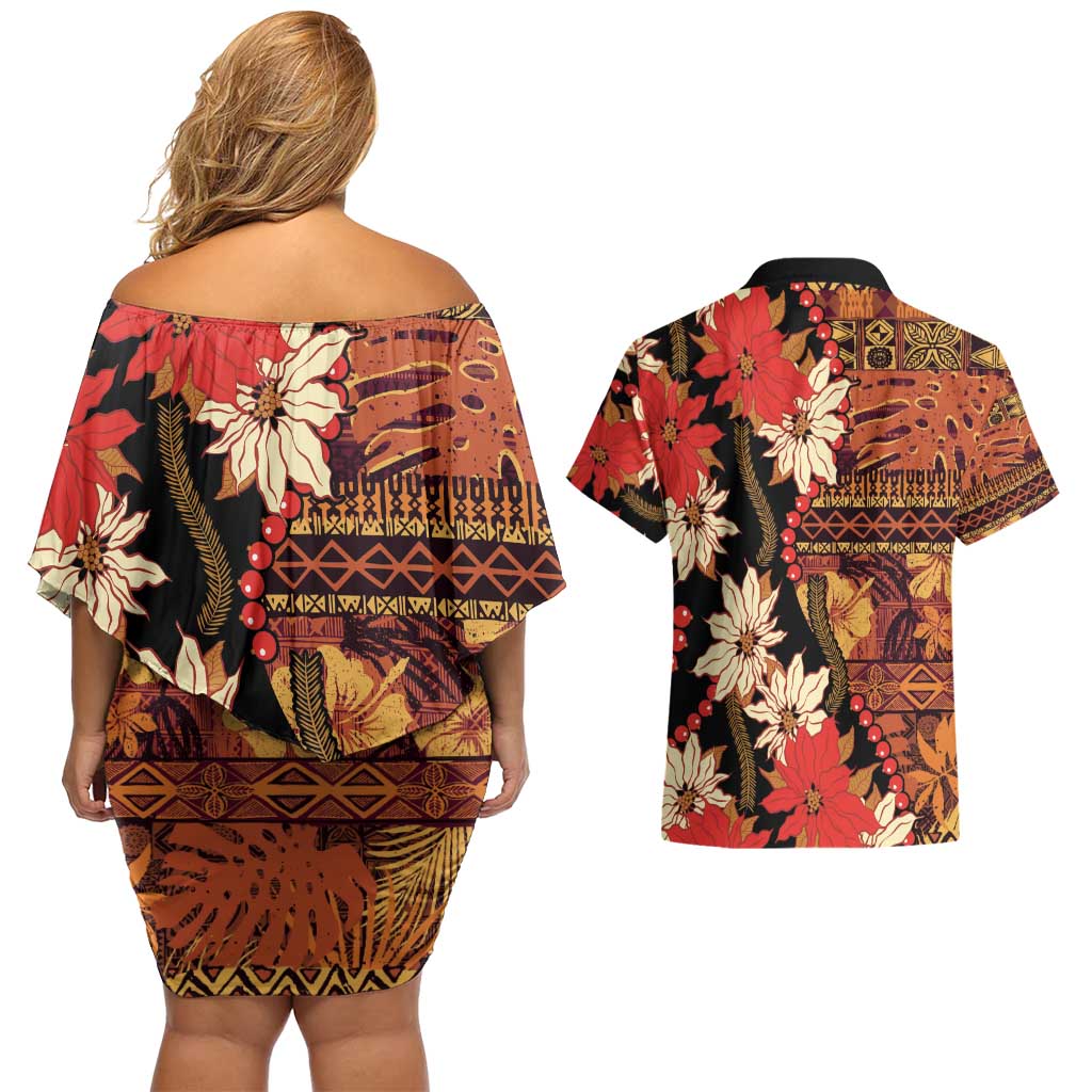 Hawaii Christmas Poinsettia Lei Couples Matching Off Shoulder Short Dress and Hawaiian Shirt Tapa Pattern LT01 - Polynesian Pride