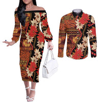 Hawaii Christmas Poinsettia Lei Couples Matching Off The Shoulder Long Sleeve Dress and Long Sleeve Button Shirt Tapa Pattern LT01 Brown - Polynesian Pride