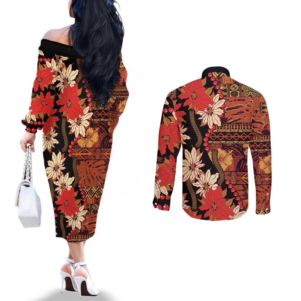 Hawaii Christmas Poinsettia Lei Couples Matching Off The Shoulder Long Sleeve Dress and Long Sleeve Button Shirt Tapa Pattern LT01 - Polynesian Pride