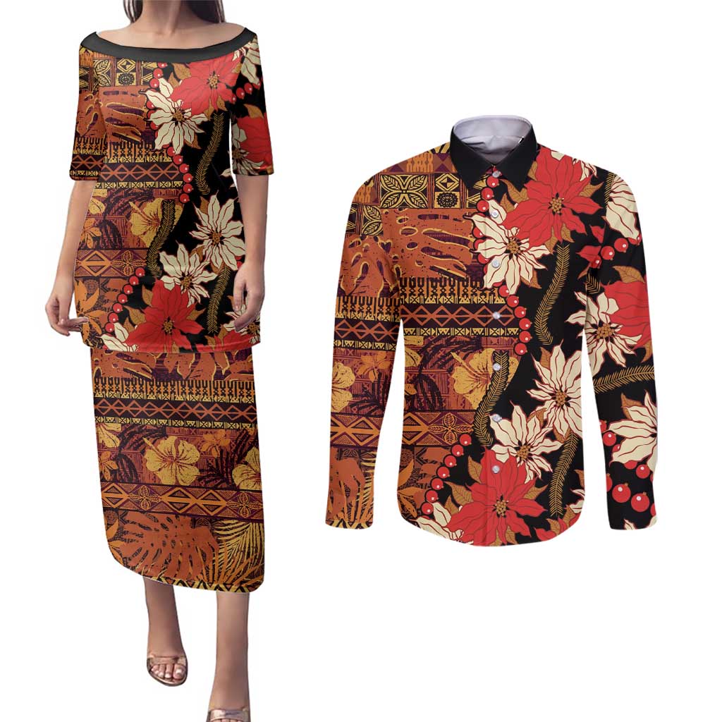 Hawaii Christmas Poinsettia Lei Couples Matching Puletasi and Long Sleeve Button Shirt Tapa Pattern LT01 Brown - Polynesian Pride