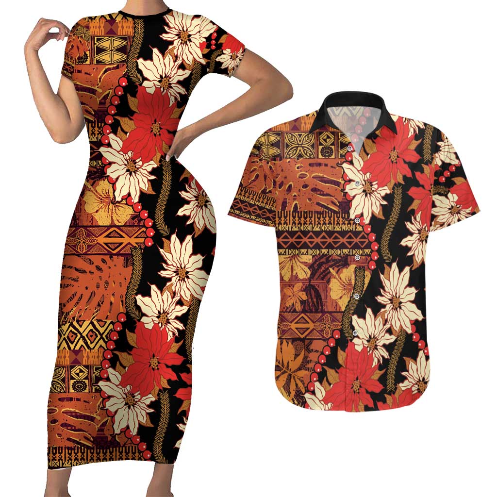 Hawaii Christmas Poinsettia Lei Couples Matching Short Sleeve Bodycon Dress and Hawaiian Shirt Tapa Pattern LT01 Brown - Polynesian Pride