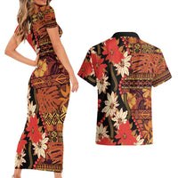 Hawaii Christmas Poinsettia Lei Couples Matching Short Sleeve Bodycon Dress and Hawaiian Shirt Tapa Pattern LT01 - Polynesian Pride