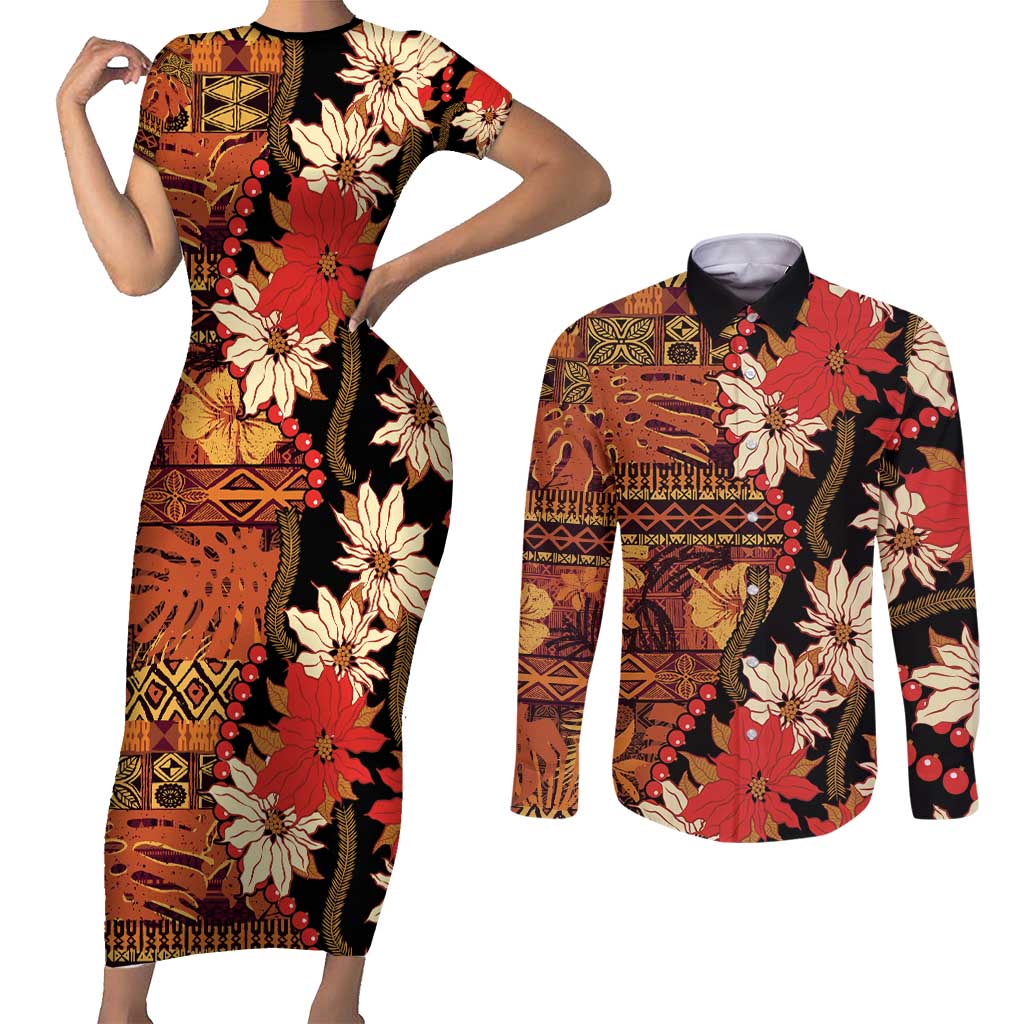 Hawaii Christmas Poinsettia Lei Couples Matching Short Sleeve Bodycon Dress and Long Sleeve Button Shirt Tapa Pattern LT01 Brown - Polynesian Pride
