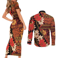 Hawaii Christmas Poinsettia Lei Couples Matching Short Sleeve Bodycon Dress and Long Sleeve Button Shirt Tapa Pattern LT01 - Polynesian Pride