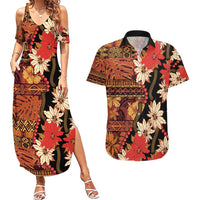 Hawaii Christmas Poinsettia Lei Couples Matching Summer Maxi Dress and Hawaiian Shirt Tapa Pattern LT01 Brown - Polynesian Pride