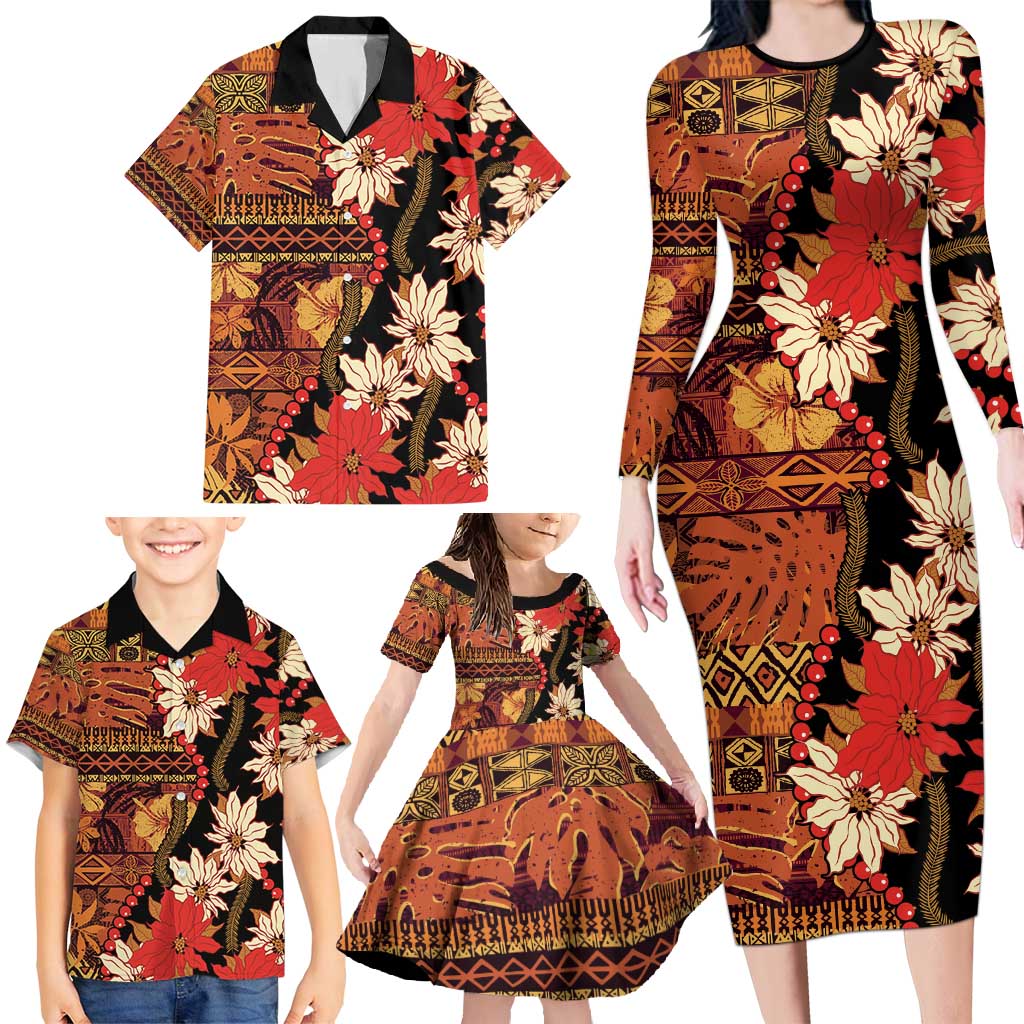 Hawaii Christmas Poinsettia Lei Family Matching Long Sleeve Bodycon Dress and Hawaiian Shirt Tapa Pattern LT01 - Polynesian Pride