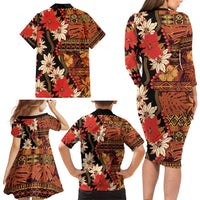 Hawaii Christmas Poinsettia Lei Family Matching Long Sleeve Bodycon Dress and Hawaiian Shirt Tapa Pattern LT01 - Polynesian Pride