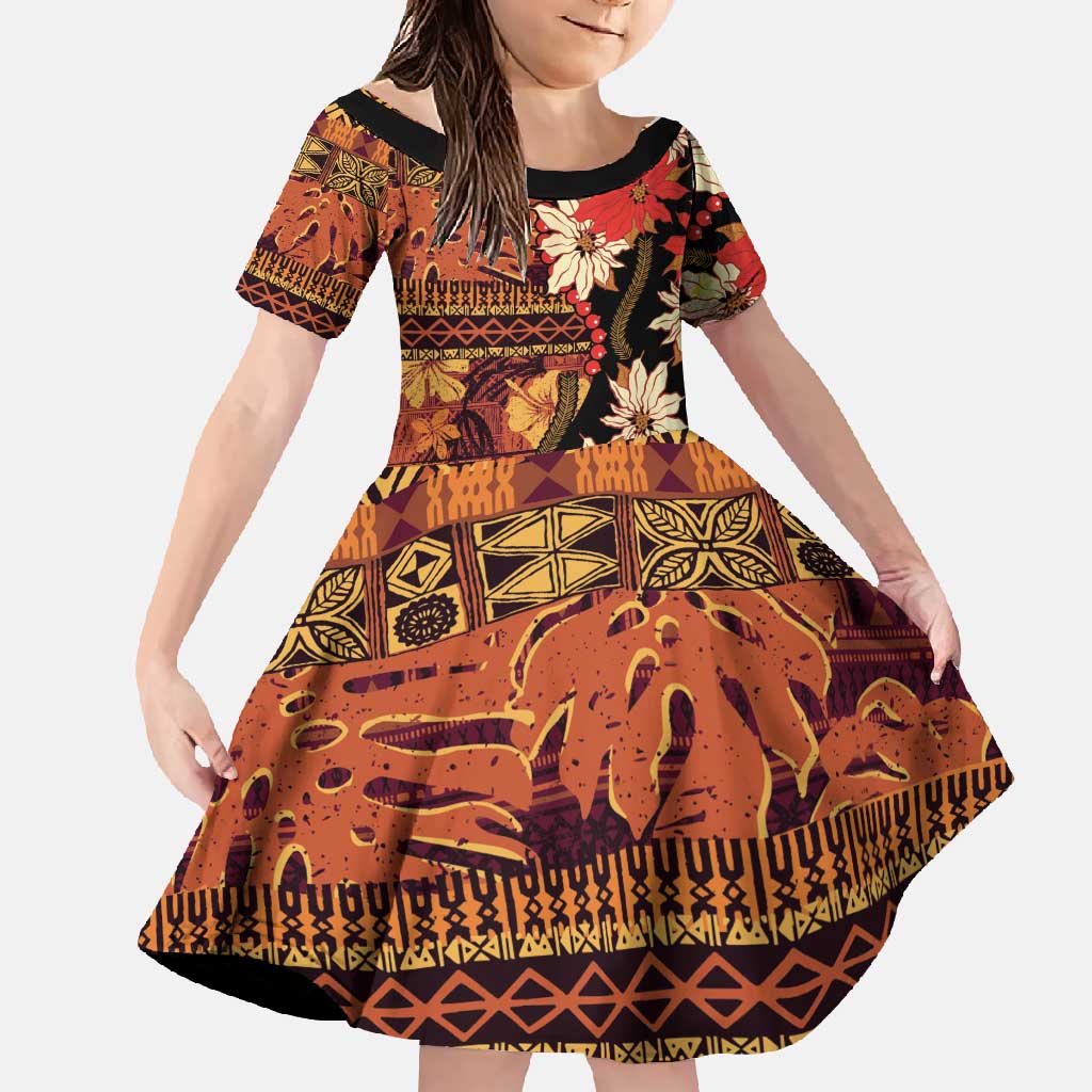 Hawaii Christmas Poinsettia Lei Family Matching Mermaid Dress and Hawaiian Shirt Tapa Pattern LT01 Daughter's Dress Brown - Polynesian Pride
