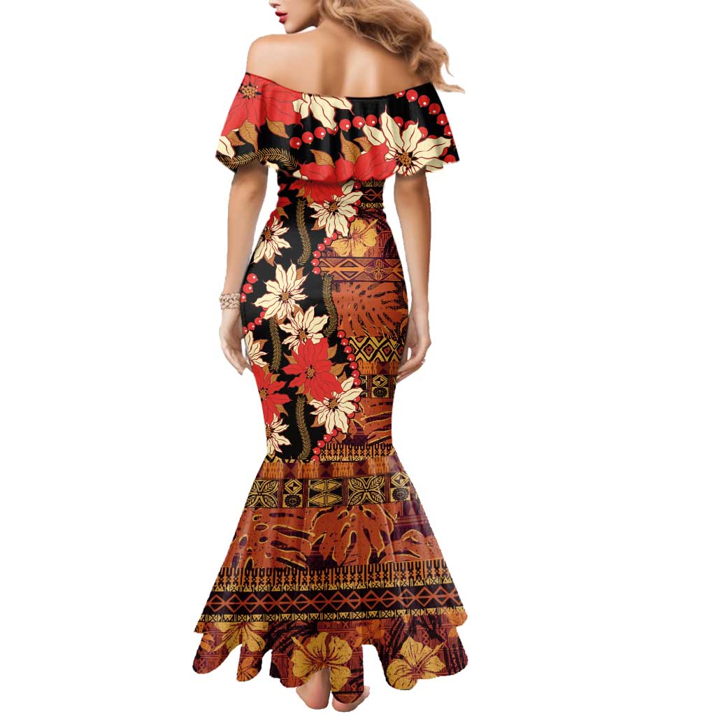 Hawaii Christmas Poinsettia Lei Family Matching Mermaid Dress and Hawaiian Shirt Tapa Pattern LT01 - Polynesian Pride