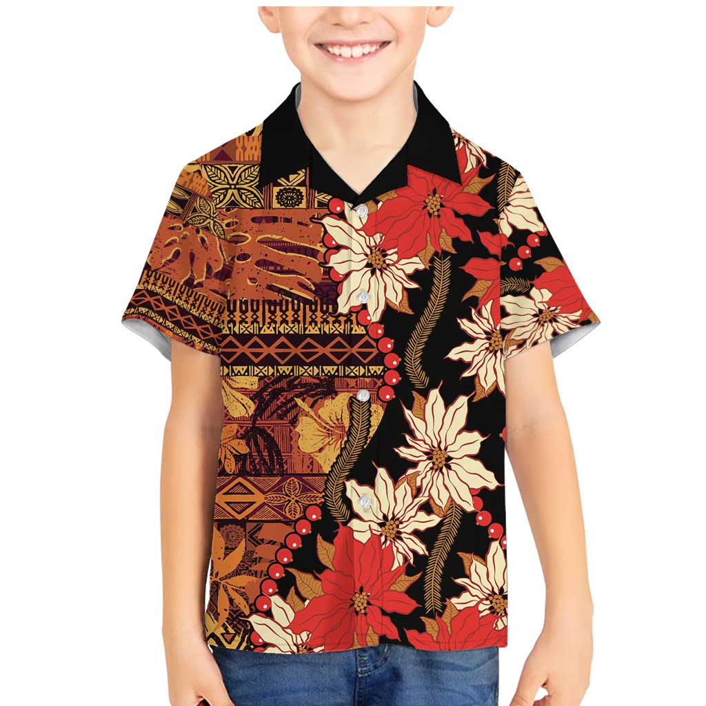 Hawaii Christmas Poinsettia Lei Family Matching Mermaid Dress and Hawaiian Shirt Tapa Pattern LT01 Son's Shirt Brown - Polynesian Pride