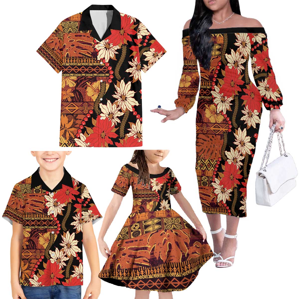 Hawaii Christmas Poinsettia Lei Family Matching Off The Shoulder Long Sleeve Dress and Hawaiian Shirt Tapa Pattern LT01 - Polynesian Pride