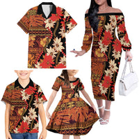 Hawaii Christmas Poinsettia Lei Family Matching Off The Shoulder Long Sleeve Dress and Hawaiian Shirt Tapa Pattern LT01 - Polynesian Pride