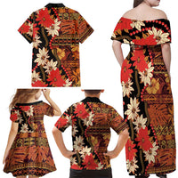 Hawaii Christmas Poinsettia Lei Family Matching Off Shoulder Maxi Dress and Hawaiian Shirt Tapa Pattern LT01 - Polynesian Pride