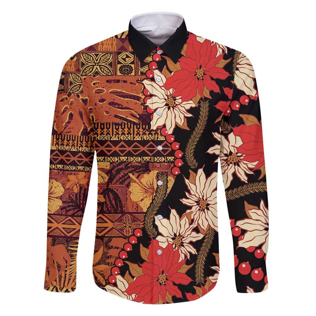 Hawaii Christmas Poinsettia Lei Family Matching Off Shoulder Maxi Dress and Hawaiian Shirt Tapa Pattern LT01 Dad's Shirt - Long Sleeve Brown - Polynesian Pride