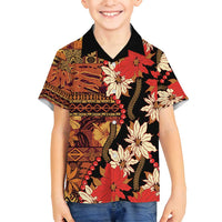 Hawaii Christmas Poinsettia Lei Family Matching Off Shoulder Maxi Dress and Hawaiian Shirt Tapa Pattern LT01 Son's Shirt Brown - Polynesian Pride