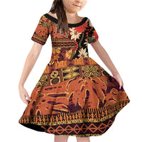 Hawaii Christmas Poinsettia Lei Family Matching Off Shoulder Short Dress and Hawaiian Shirt Tapa Pattern LT01 Daughter's Dress Brown - Polynesian Pride