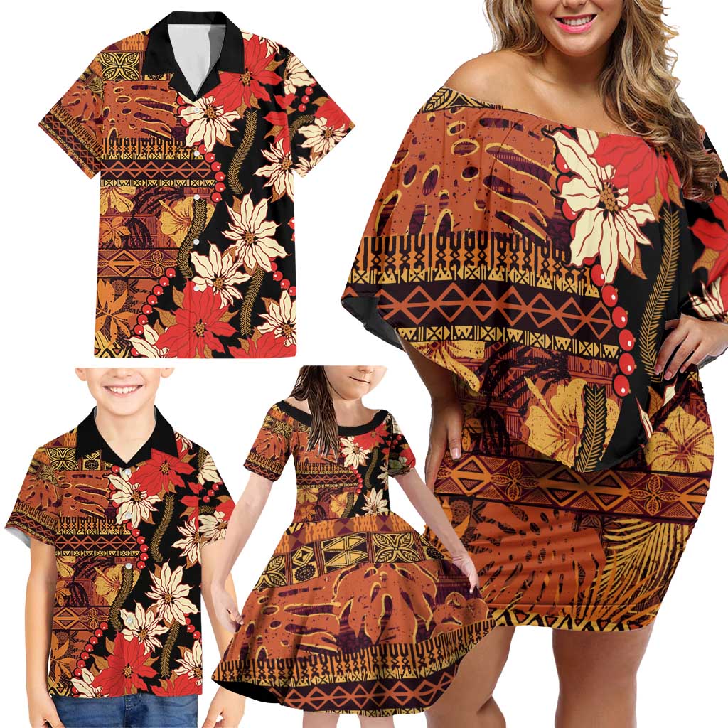 Hawaii Christmas Poinsettia Lei Family Matching Off Shoulder Short Dress and Hawaiian Shirt Tapa Pattern - Polynesian Pride