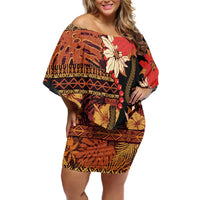 Hawaii Christmas Poinsettia Lei Family Matching Off Shoulder Short Dress and Hawaiian Shirt Tapa Pattern LT01 Mom's Dress Brown - Polynesian Pride